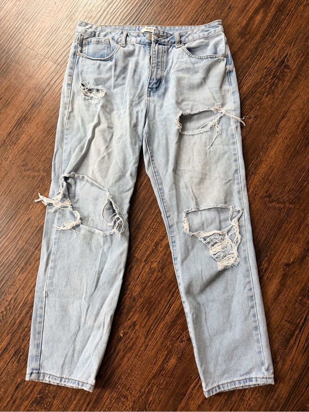 Forever 21 Light Blue Distressed Straight Leg Jeans
